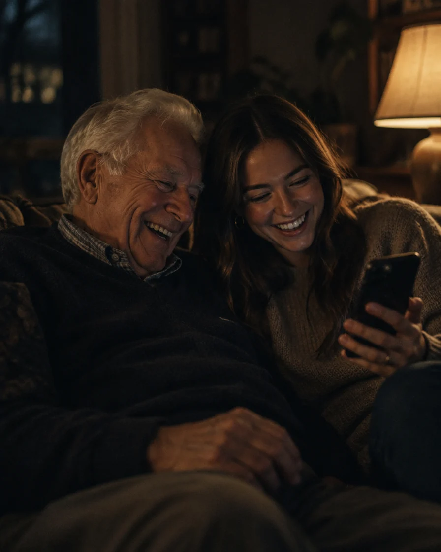A grandfather and granddaughter laughing together over a phone