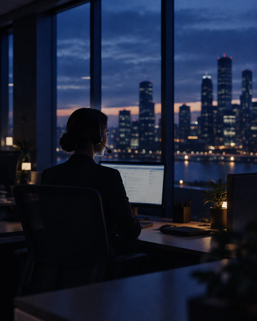 A customer service agent with a headset at dusk, overlooking a city