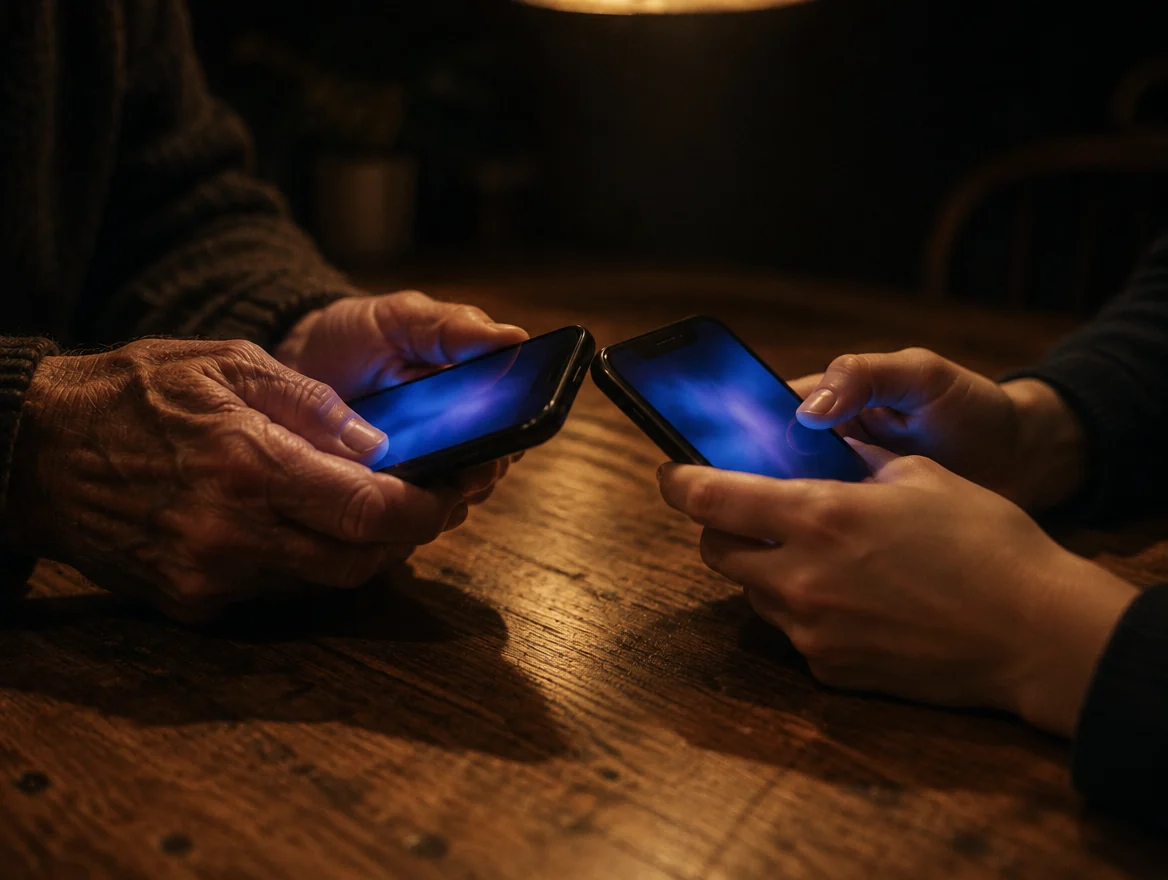 Two people at a kitchen table holding their phones side by side to pair them